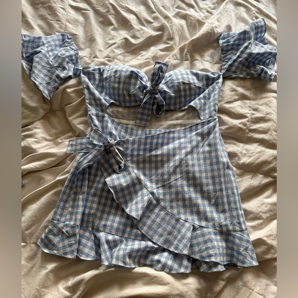 Blue & White Gingham Wrap Dress